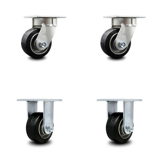 4 Inch Kingpinless Rubber on Aluminum Wheel Swivel Caster Swivel 2 Rigid, 2PK